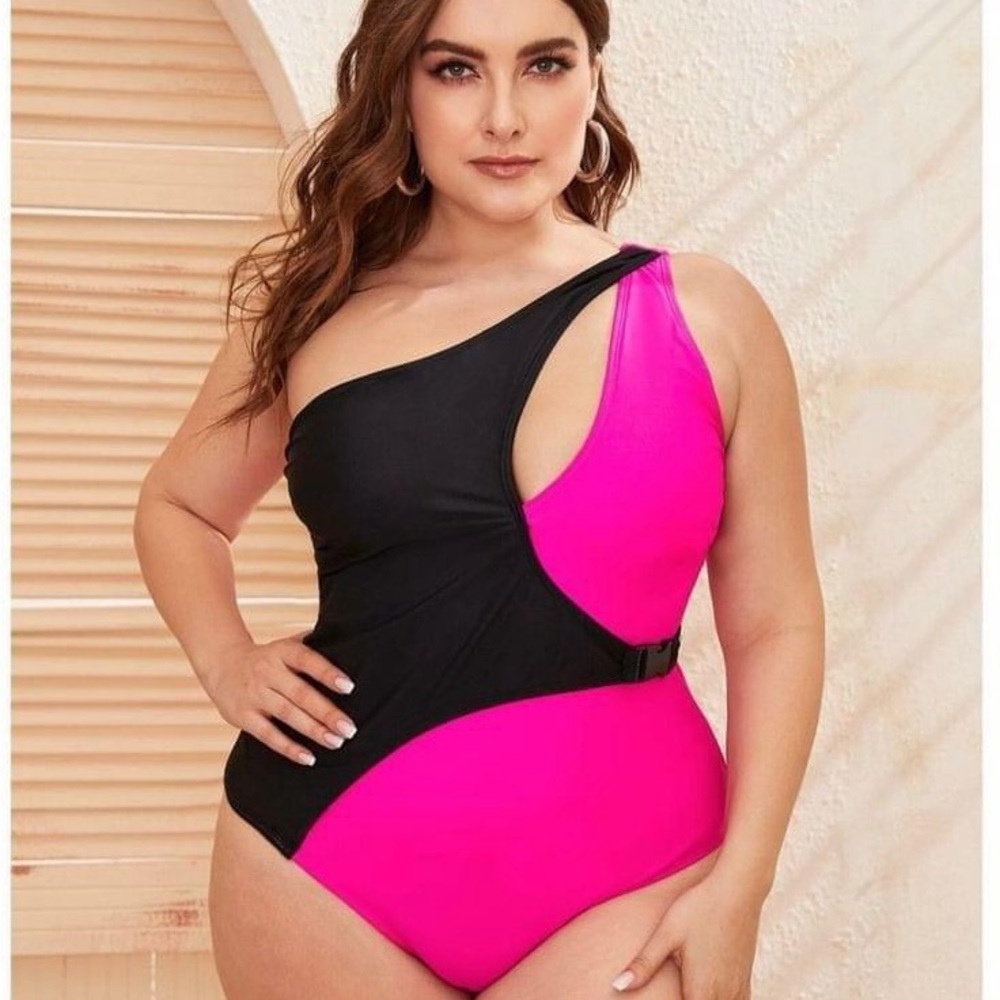 Two Tone One Shoulder One Piece Swimsuit